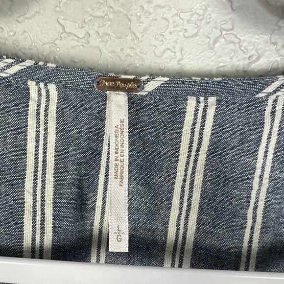 Free People Size L Roll the Dice Blue White Stripe Linen Blend Open V neck Dress - Picture 4 of 5